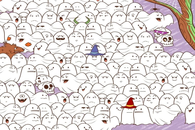 Desafio visual com muitos fantasmas e um urso polar escondido com tema Halloween