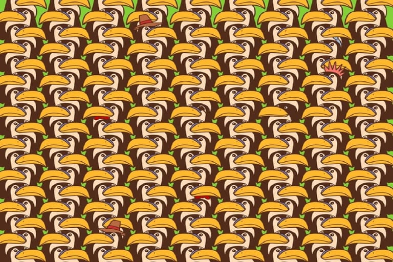 Desafio visual utilizando uma Ilustração com muitos tucanos similares, exceto um que está disfarçado como visitante