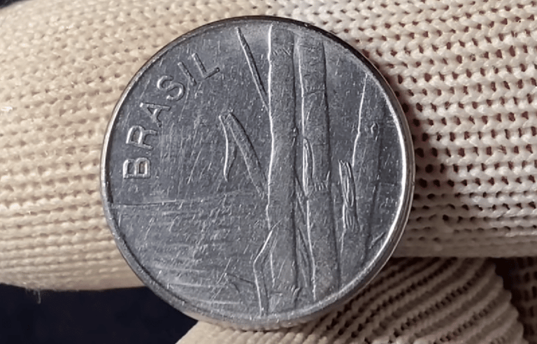 Close detalhado do reverso de uma moeda de 1 Cruzeiro, mostrando o desenho da cana-de-açúcar e a palavra "BRASIL" em relevo, sendo segurada por dedos com luvas de proteção.