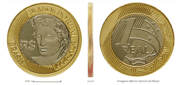Close-up de uma moeda de 1 Real de 2024 em estado Flor de Cunho, exibindo brilho metálico original e detalhes nítidos do bordo serrilhado intermitente.