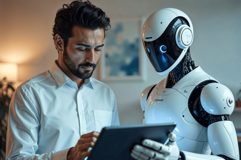 Homem e robô humanoide interagem juntos analisando tablet, colaboração em tecnologia
