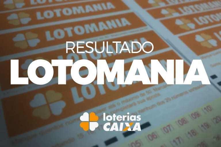 Volantes da Lotomania e logo da Loterias Caixa, resultado em destaque