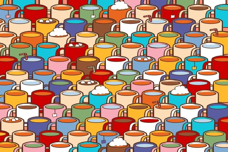 Teste visual com múltiplas canecas coloridas com diferentes bebidas, canudos e coberturas