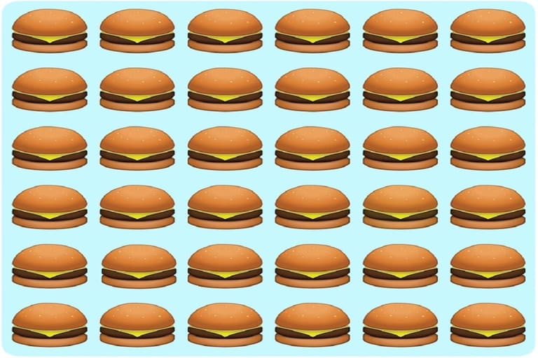 Teste visual com uma sequência de emojis de hambúrguer com queijo alinhados sobre fundo azul