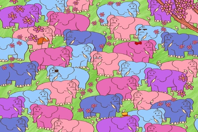 Teste visual com desenho de vários elefantes coloridos e um coração disfarçado entre eles
