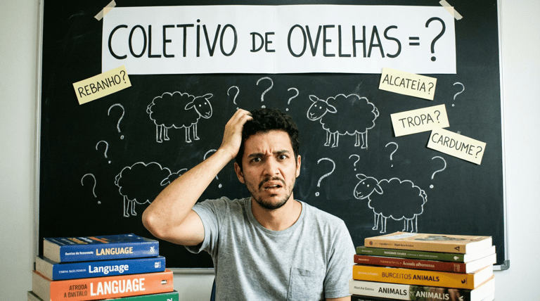 Homem segura a cabeça com expressão confusa em frente a quadro-negro, rodeado de livros e desenhos de ovelhas.