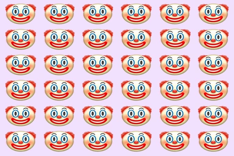 Desafio visual com diversos rostos de palhaço feliz e um palhaço triste camuflado na imagem