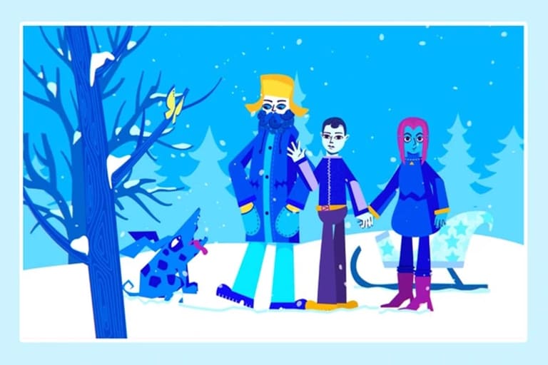 Desafio visual: Família de três pessoas com cachorro azul em bosque nevado, detalhe colorido chama atenção