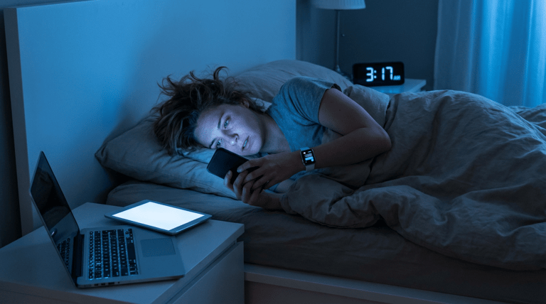 Mulher deitada na cama olhando o celular, cercada por notebook e tablet com tela acesa às 3h17.