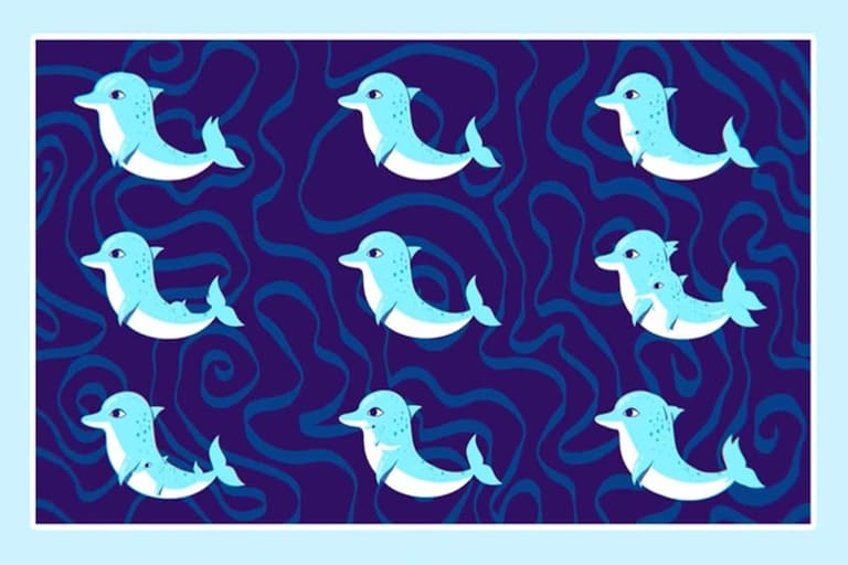 Ilusão de ótica com vários golfinhos azuis desenhados sobre fundo abstrato ondulado