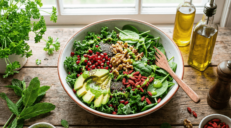 Prato fundo com salada verde, abacate fatiado, nozes, chia, goji berry e molho ao lado de azeites sobre mesa de madeira.