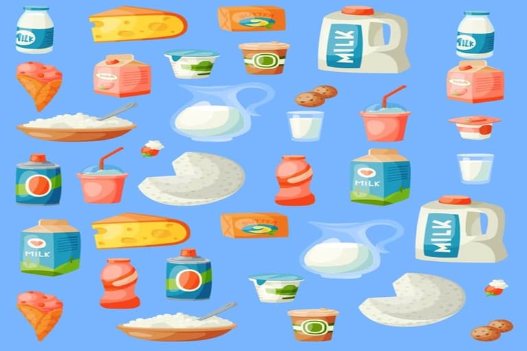 Teste de observação: Sorvete de casquinha rosa entre diversos laticínios como leite, queijo e iogurte