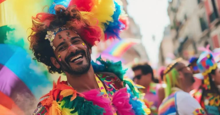 Pessoa sorrindo e vestindo fantasia colorida de Carnaval durante a folia, com um ambiente festivo e colorido ao fundo.