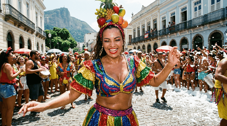 Mulher sorridente com fantasia colorida e adereço de frutas dança em bloco de Carnaval nas ruas.