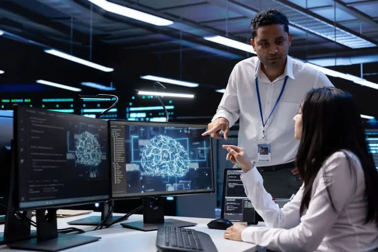 Profissionais discutindo sobre inteligência artificial em um escritório moderno, com código e gráficos relacionados à IA nas telas.