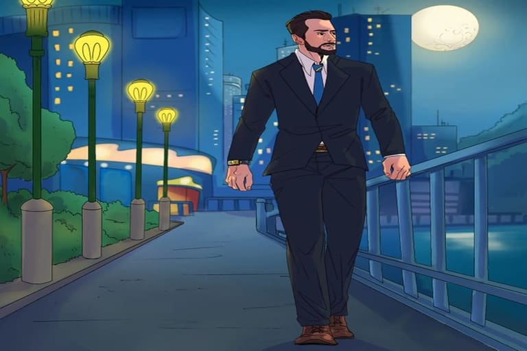 Desafio visual com um homem usando terno escuro caminhando por uma ponte iluminada à noite com lua cheia