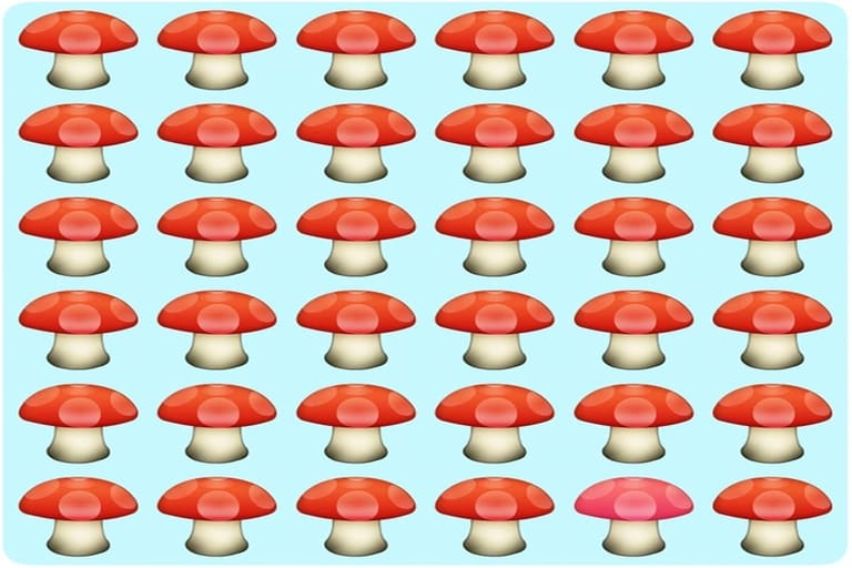 Desafio visual com vários cogumelos com chapéus vermelhos e um cogumelo diferente camuflado