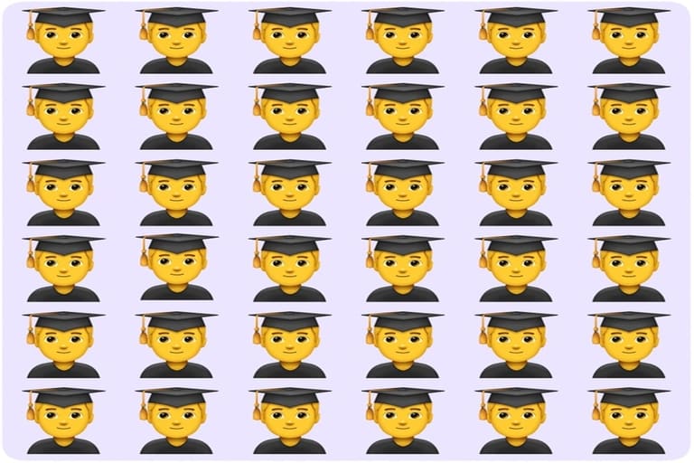 Desafio visual com diversos emojis de formandos alinhados com um emoji diferente entre eles