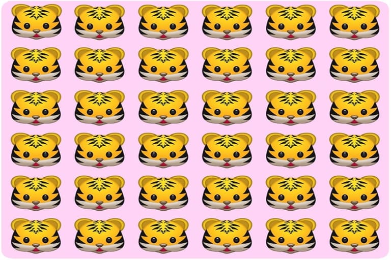 Desafio visual com linhas de emojis de tigrinho sobre fundo rosa, um deles diferente entre os iguais