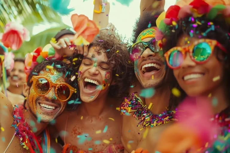 Grupo de amigos sorrindo e comemorando o Carnaval com confetes e fantasias coloridas ao ar livre.