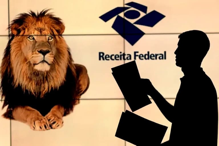 Leão e logotipo da Receita Federal, com referência ao prazo de entrega do informe de rendimento do IRPF 2026.