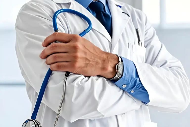 Médico com jaleco branco e estetoscópio azul, simbolizando o programa Mais Médicos Especialistas.