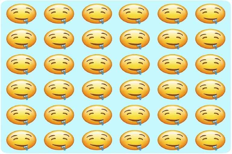 Jogo dos emojis com diversos emojis de rosto babando alinhados, um deles foge o padrão visível