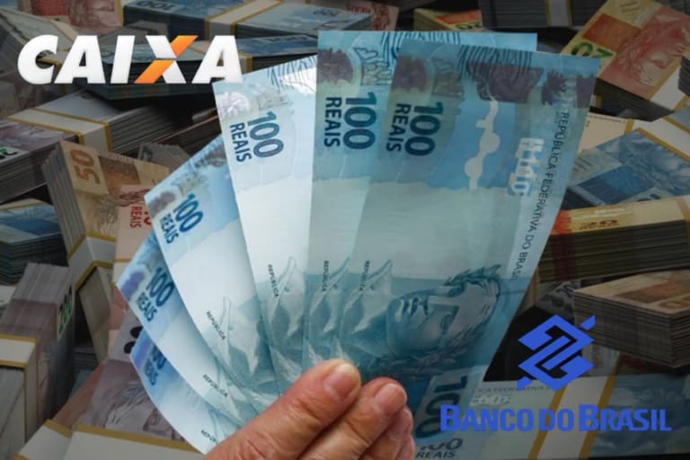 Notas de 100 reais em destaque, com logotipos da Caixa Econômica Federal e Banco do Brasil, relacionadas ao Pix liberado em fevereiro.
