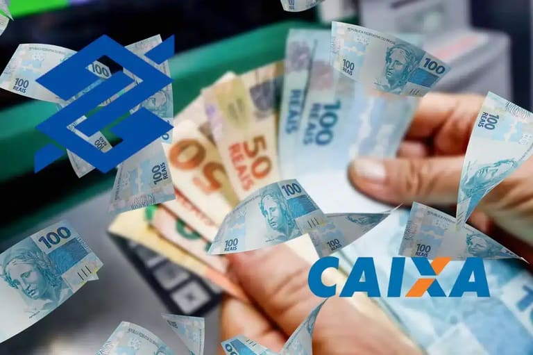 Notas de 100 e 50 reais, com os logos do Banco do Brasil e da Caixa Econômica Federal, representando o pagamento do Pix para milhões de brasileiros.