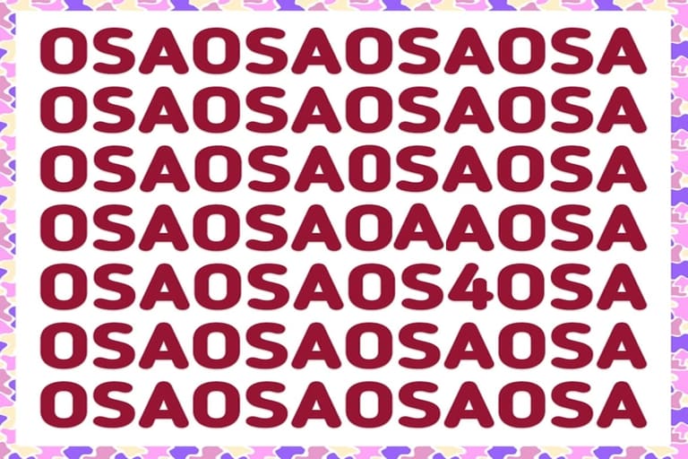 Teste visual com linhas de letras OSAOSA repetidas e números 0, 5 e 4 disfarçados entre os caracteres