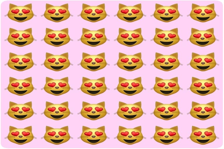 Teste visual com vários emojis de gato sorrindo com olhos em forma de coração alinhados em fundo rosa