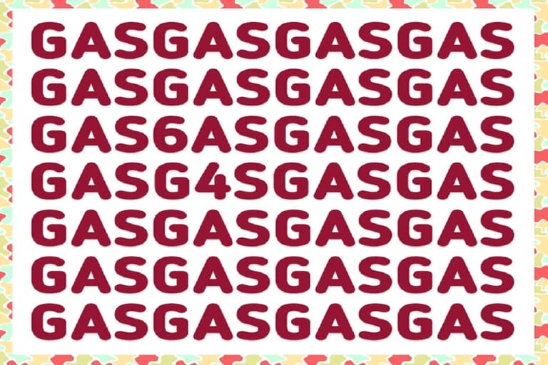 Teste visual com linhas de letras GAS com um número 6, 4 e 5 camuflados formando 645 entre as letras