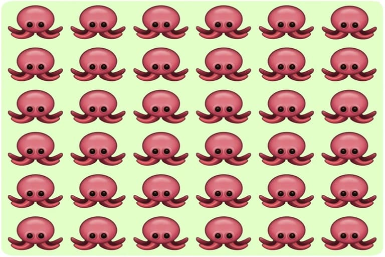 Teste visual com vários emojis de polvo organizados em grade sobre fundo verde-claro, um visualmente diferente dos demais