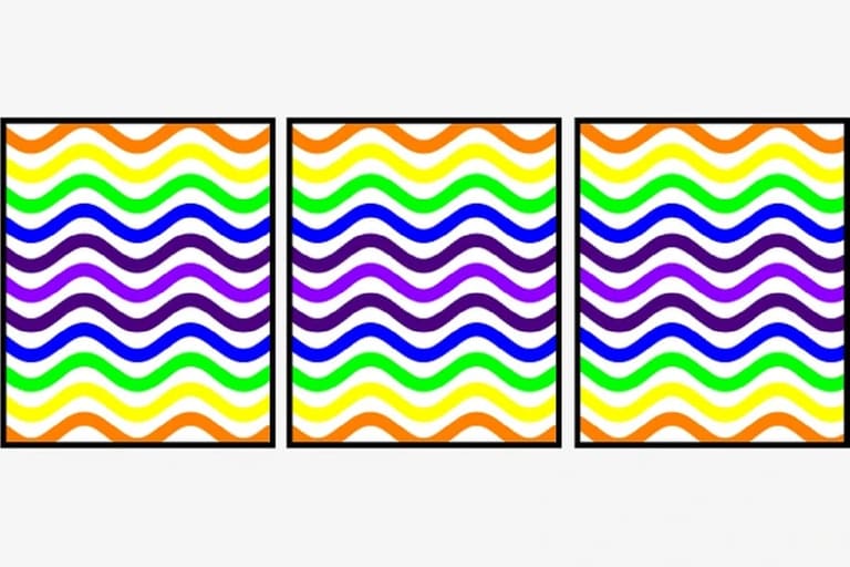 Desafio visual com três quadros com linhas onduladas coloridas e padrão similar lado a lado