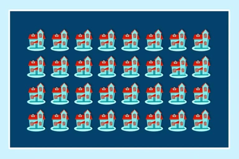 Desafio visual com uma fila de casas coloridas lado a lado com uma casa diferente entre elas