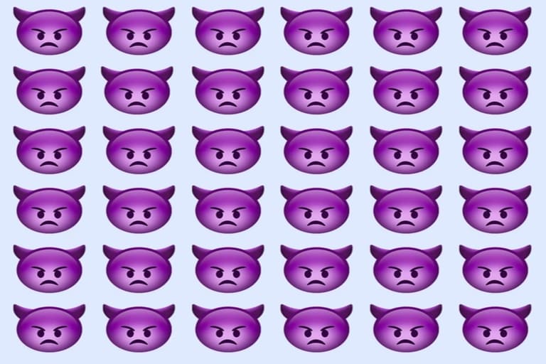 Desafio visual com diversos emojis roxos com expressão séria alinhados formando um padrão repetitivo