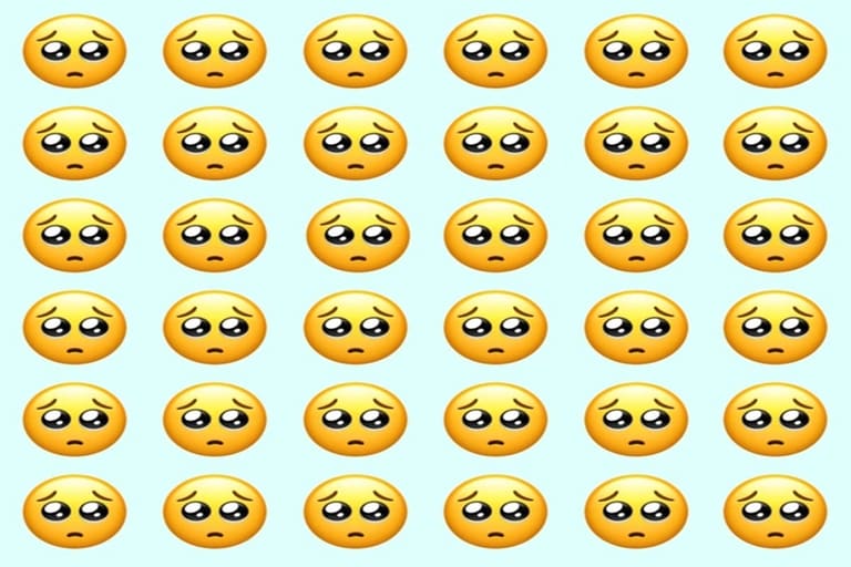 Desafio visual com vários emojis com expressão triste organizados em fileiras sobre fundo azul