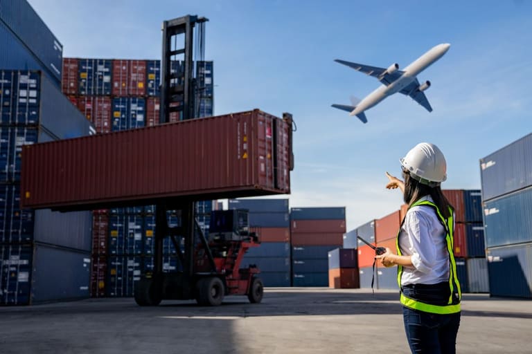 Porto de carga com containers e avião, representando a logística de importação e exportação de mercadorias no Brasil.