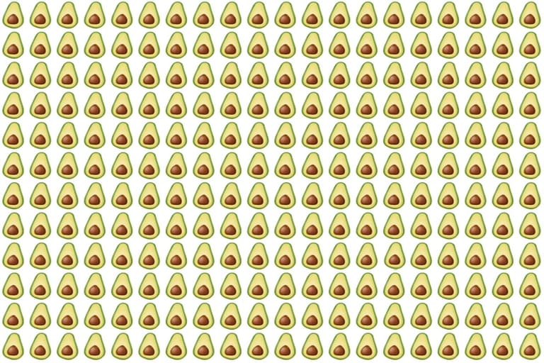 Teste visual com fileiras de abacates cortados ao meio, sendo um diferente entre eles, formando um desafio visual divertido