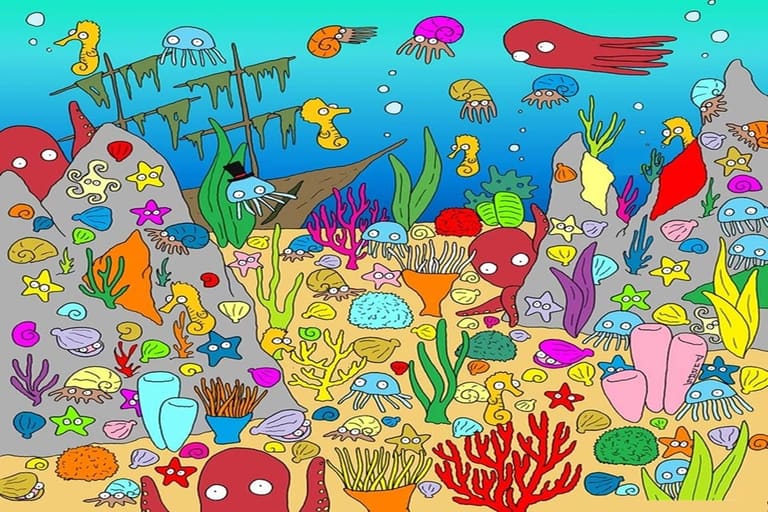 Teste visual com o fundo do mar repleto de corais, polvos, conchas, águas-vivas e cavalos-marinhos em meio ao desafio de encontrar um peixe oculto