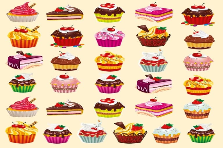 Teste de atenção com diversos cupcakes coloridos alinhados, formando um desafio visual divertido