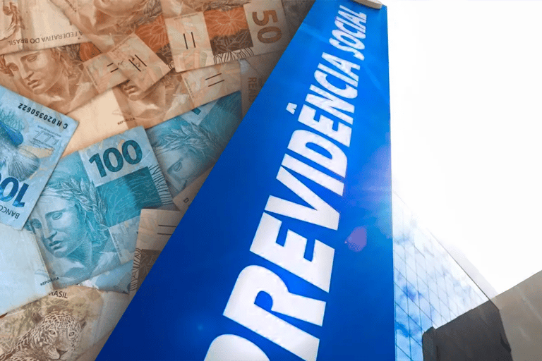 Imagem ilustrativa sobre a antecipação do 13º salário do INSS, com notas de reais e o logo do INSS.