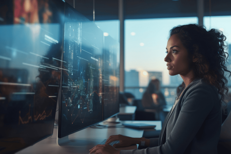 Mulher concentra-se em tela grande de computador exibindo gráficos em ambiente corporativo