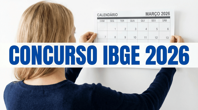 Pessoa prende calendário de março de 2026 na parede com destaque para concurso IBGE