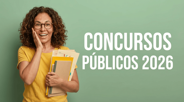 Mulher segurando cadernos e folders amarelos sorri diante de parede verde com texto Concursos Públicos 2026