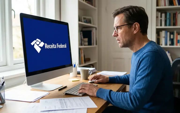 Homem concentrado no computador em casa com documentos à frente e logo da Receita Federal na tela, representando a declaração do Imposto de Renda em 2026