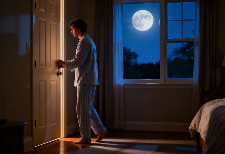 Homem fechando a porta do quarto durante a noite com a lua cheia visível pela janela.