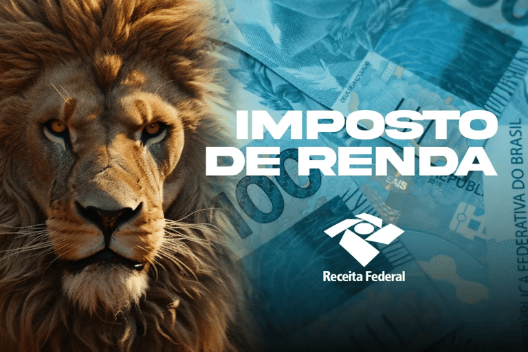 Leão, símbolo do Imposto de Renda 2026, com cédulas de real ao fundo, representando estratégias para aumentar a restituição.