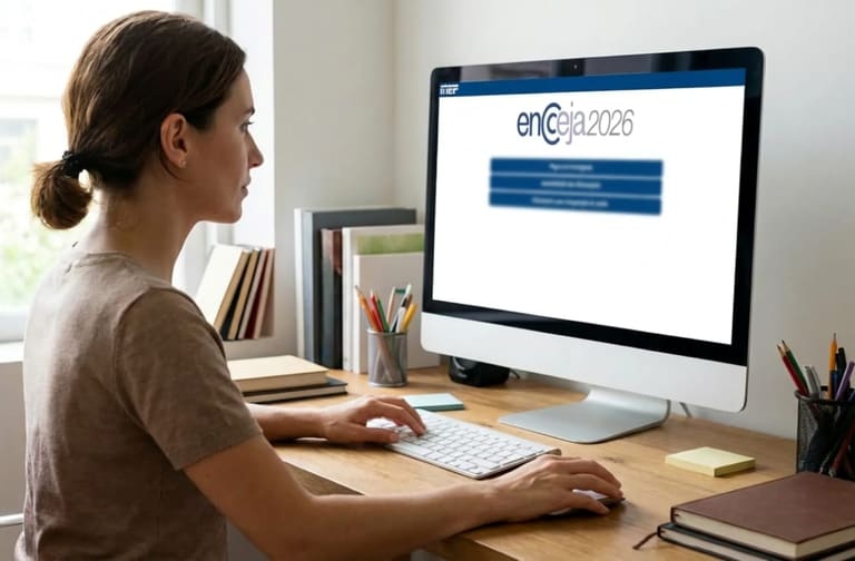 Pessoa acessando o site Encceja 2026 no computador para realizar a inscrição.