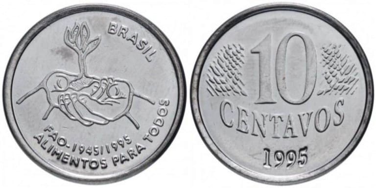 Frente e verso de uma moeda de 10 centavos de 1995, edição especial da FAO, com o desenho de mãos segurando um broto de planta.